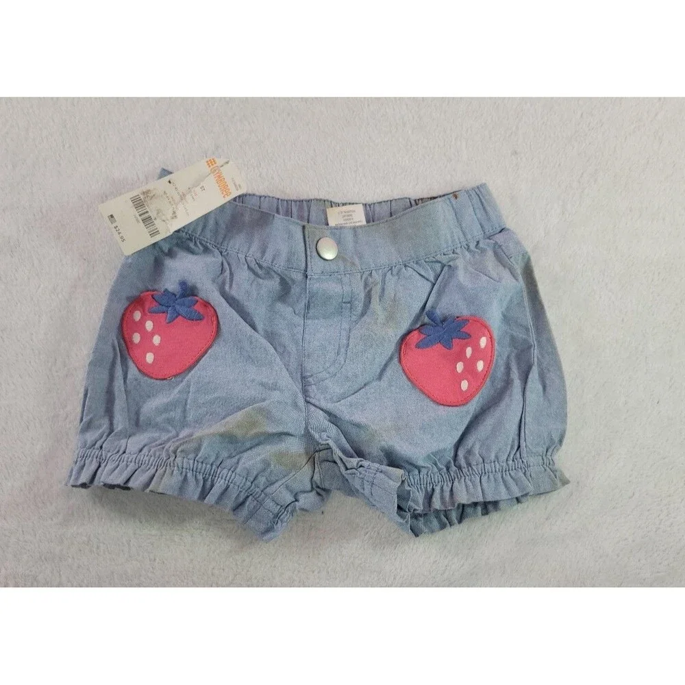 Gymboree 5T Girls Light Blue Denim Look Shorts Pink Strawberries NWT Read Desc